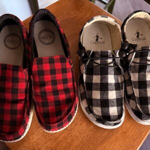 Hey Dude & Corkys Plaid Slip-On Sneakers – Red & Black and Black & White